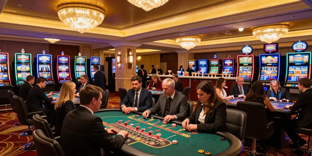 Casino sans Dépôt, joueurs profitant d'une ambiance élégante avec des jeux de table et des machines à sous.
