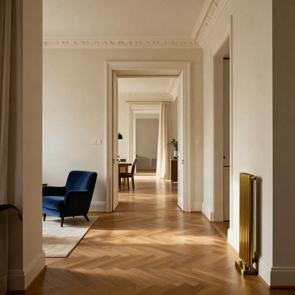 Enfilade de séjour rénové, parquet chevron, ouvertures alignées et lumière douce pour visite virtuelle.