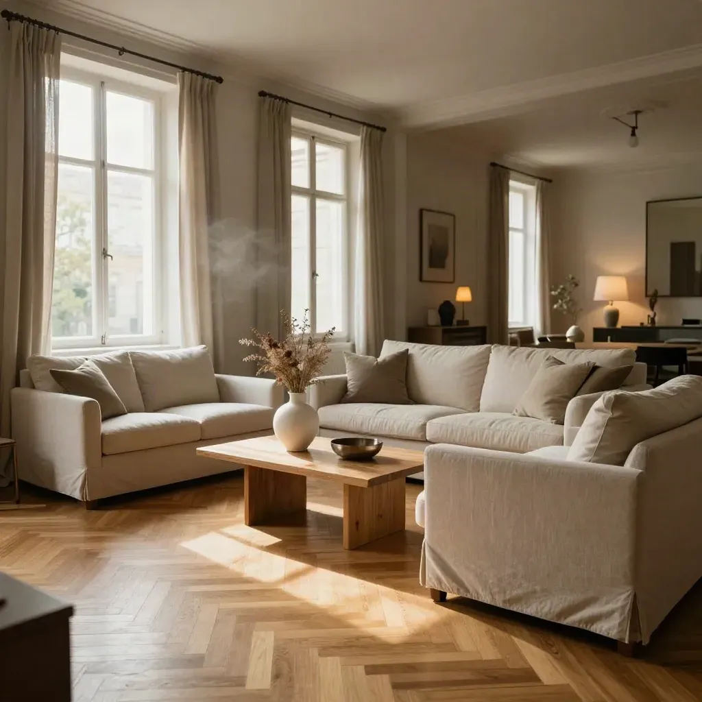 Salon rénové avec parquet blond, rideaux en lin et bouquet sec en lumière douce.