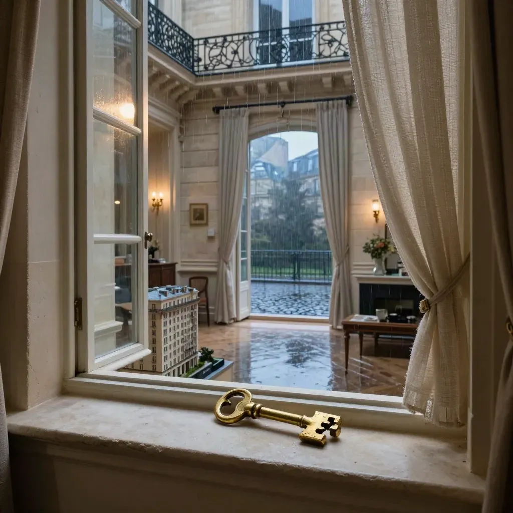 Appartement haussmannien lumineux avec clé en laiton, maquette et cour pavée sous la pluie