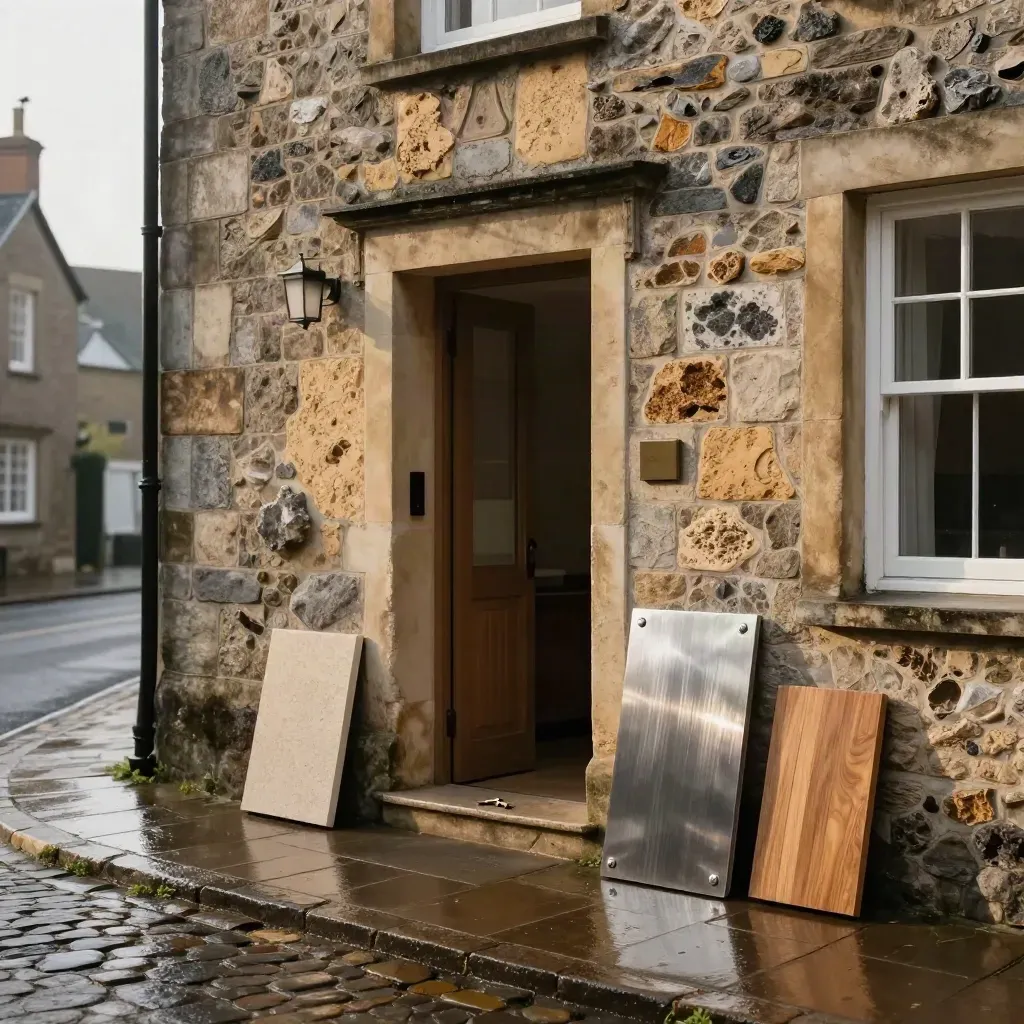 Façade de maison en pierre avec échantillons et clé, ambiance d’estimation immobilière après la pluie.
