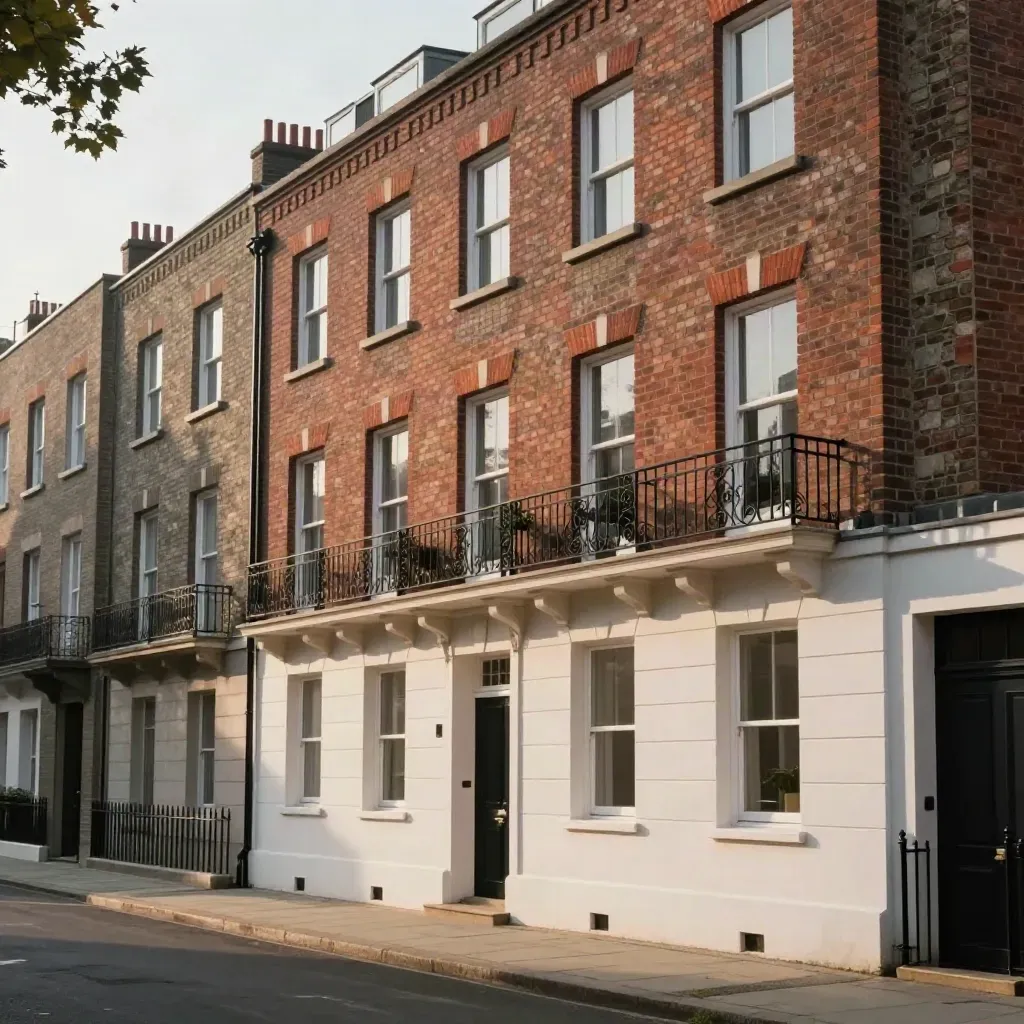 Façade d’immeuble de rapport en brique et pierre, rue calme, lumière douce.