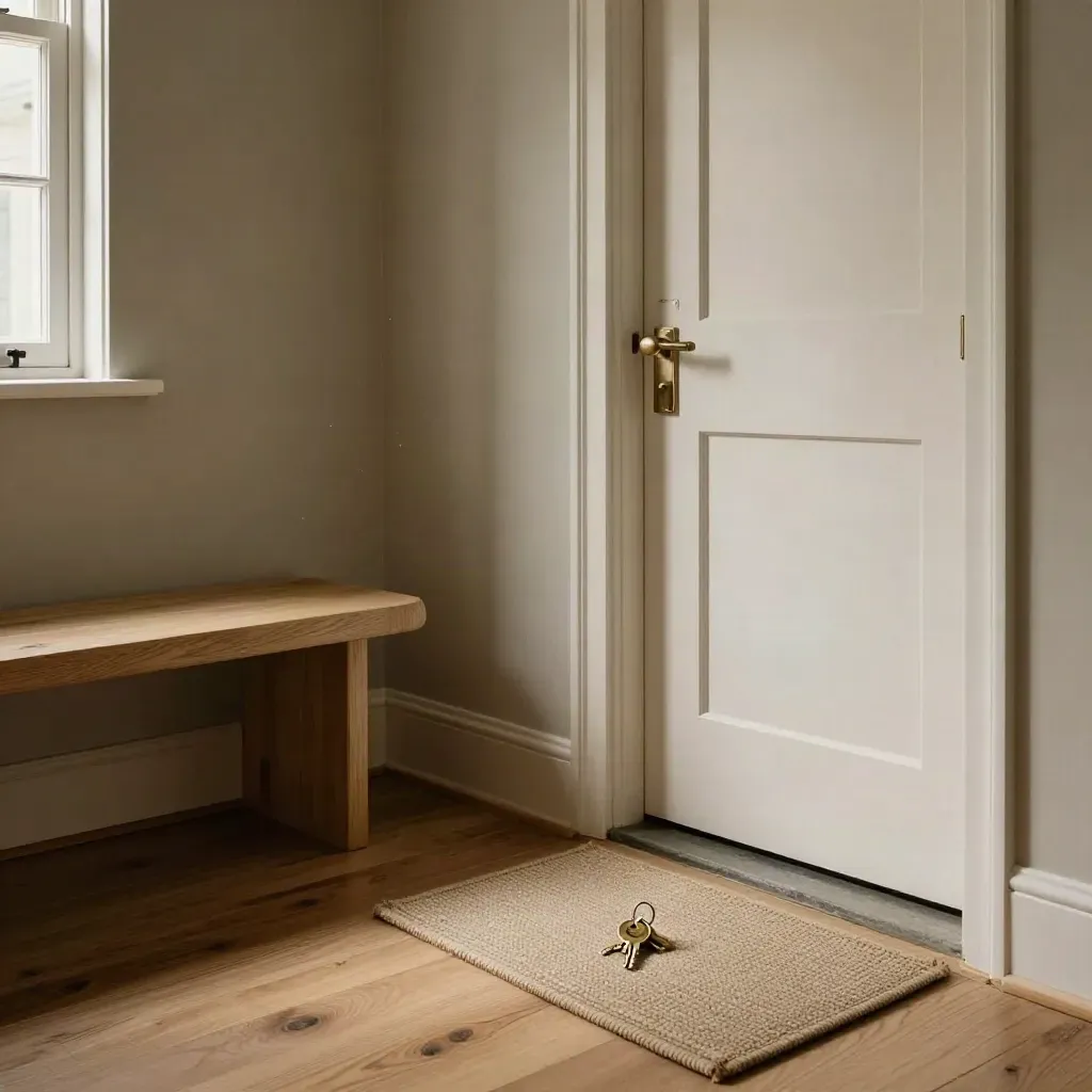 Entrée d’appartement impeccable avec porte palière, paillasson, clés et banc en bois clair.