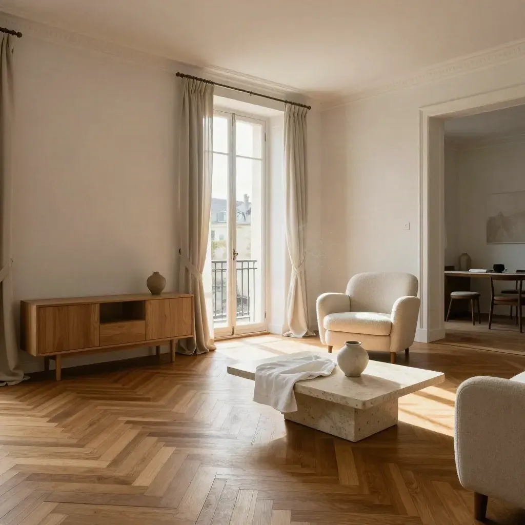Séjour rénové d’un T4 nantais, parquet ancien, balcon ouvert, lumière de fin de journée.
