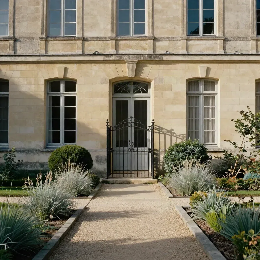 Maison bourgeoise à Lyon 6, façade en pierre, jardin minéral et portillon entrouvert au soleil.
