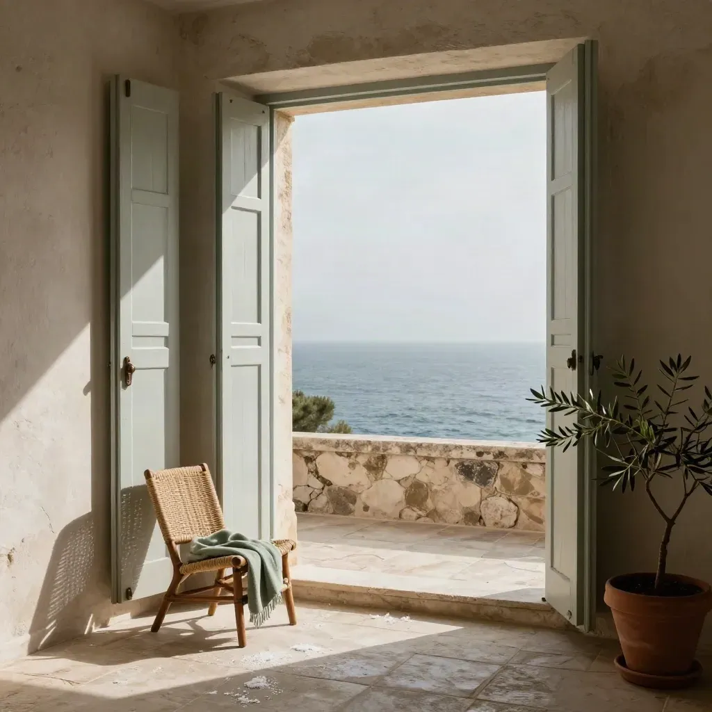 Terrasse niçoise ouverte sur la mer, volets clairs, lumière marine, ambiance premium.
