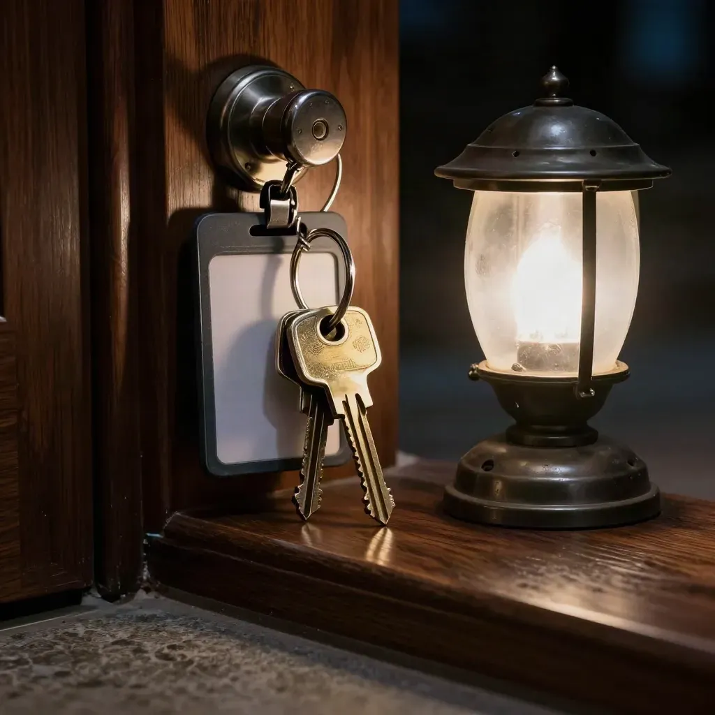 Clés d’immeuble, cylindre de serrure, badge neutre et petite lampe de couloir sur seuil sombre.