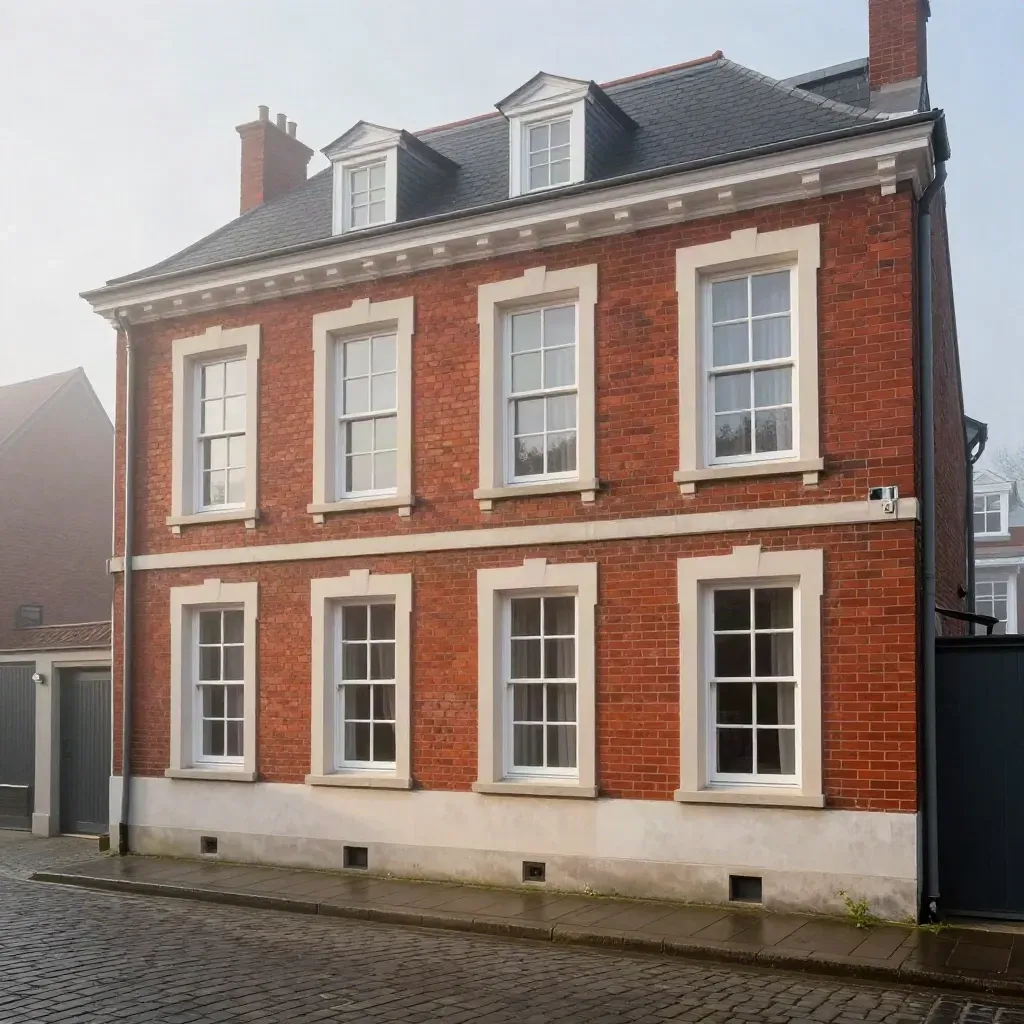 Immeuble de rapport en brique à Lille, façade soignée dans le brouillard d’une rue calme.