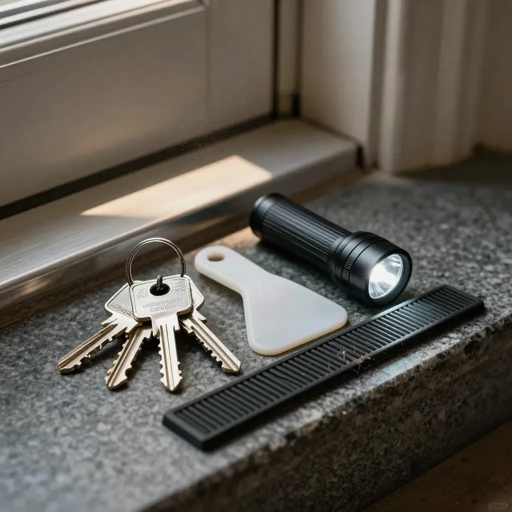 Kit de visite immobilier sur pierre sombre : clés, cale de porte, lampe et patin de seuil.