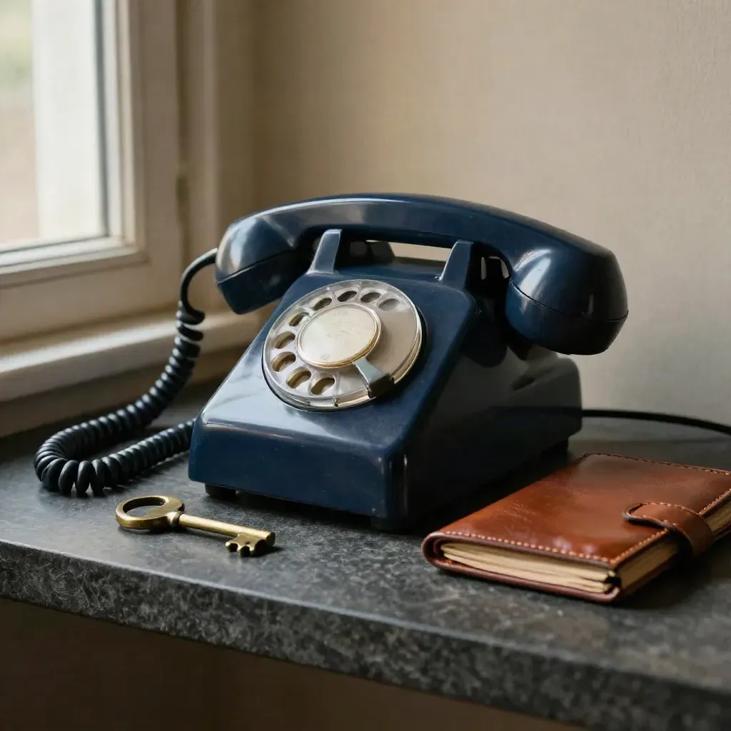 Téléphone fixe en bakélite, clé de ville et carnet cuir sur tablette de pierre sombre.