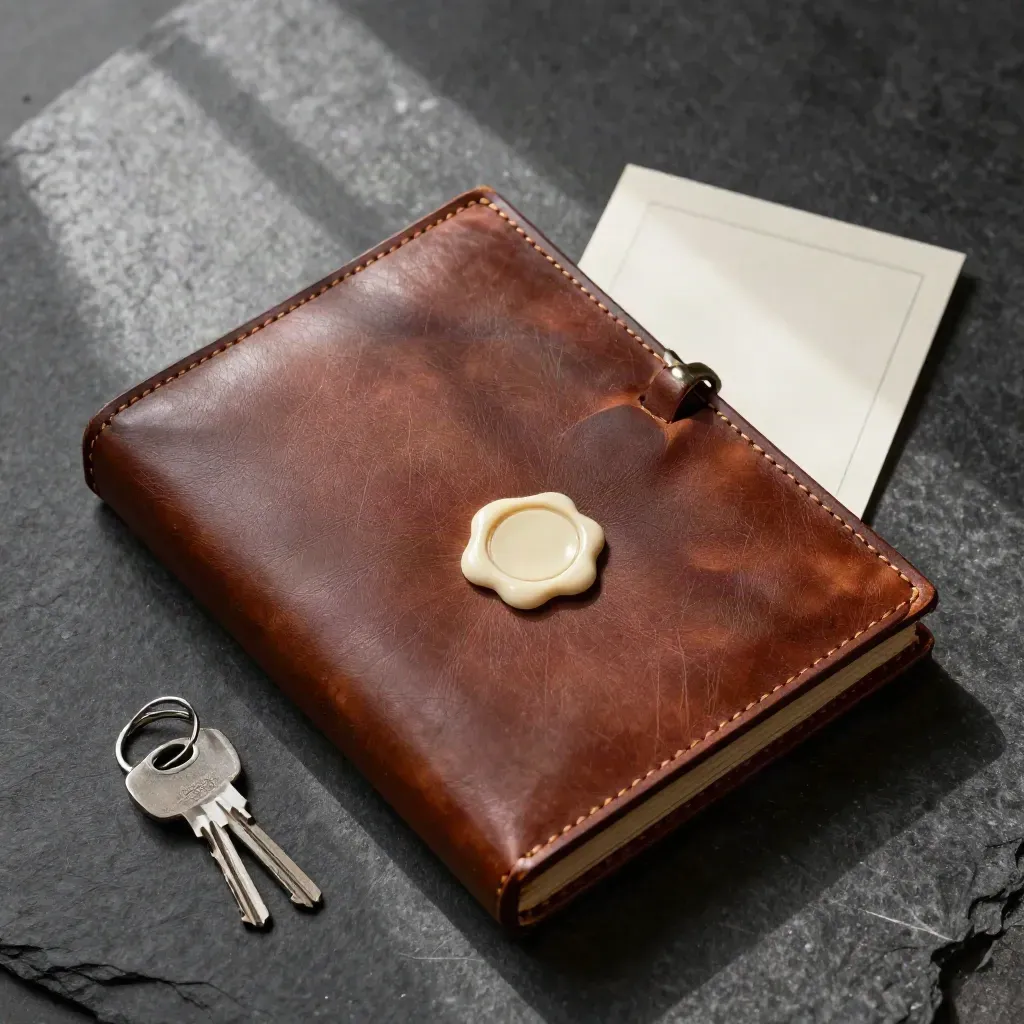 Boîte à documents en cuir fermée, sceau de cire et clés sur ardoise sombre.