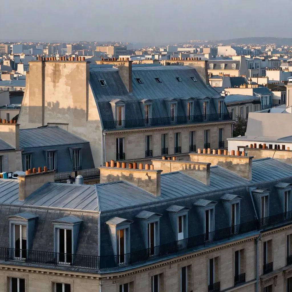 Toits parisiens et façades haussmanniennes dans une brume bleue, vue large pour immobilier.
