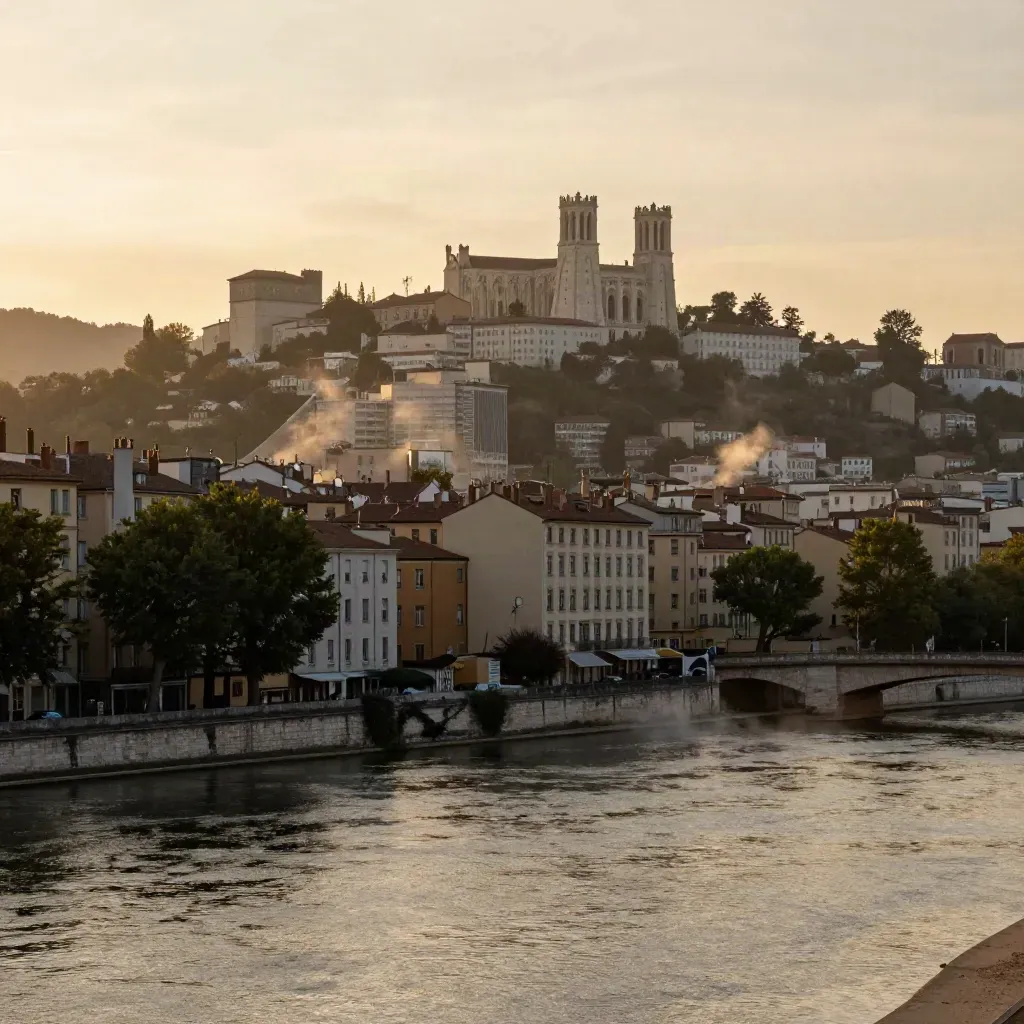 Vue dorée de Lyon avec Fourvière, Saône et quais calmes sous une brume chaude.