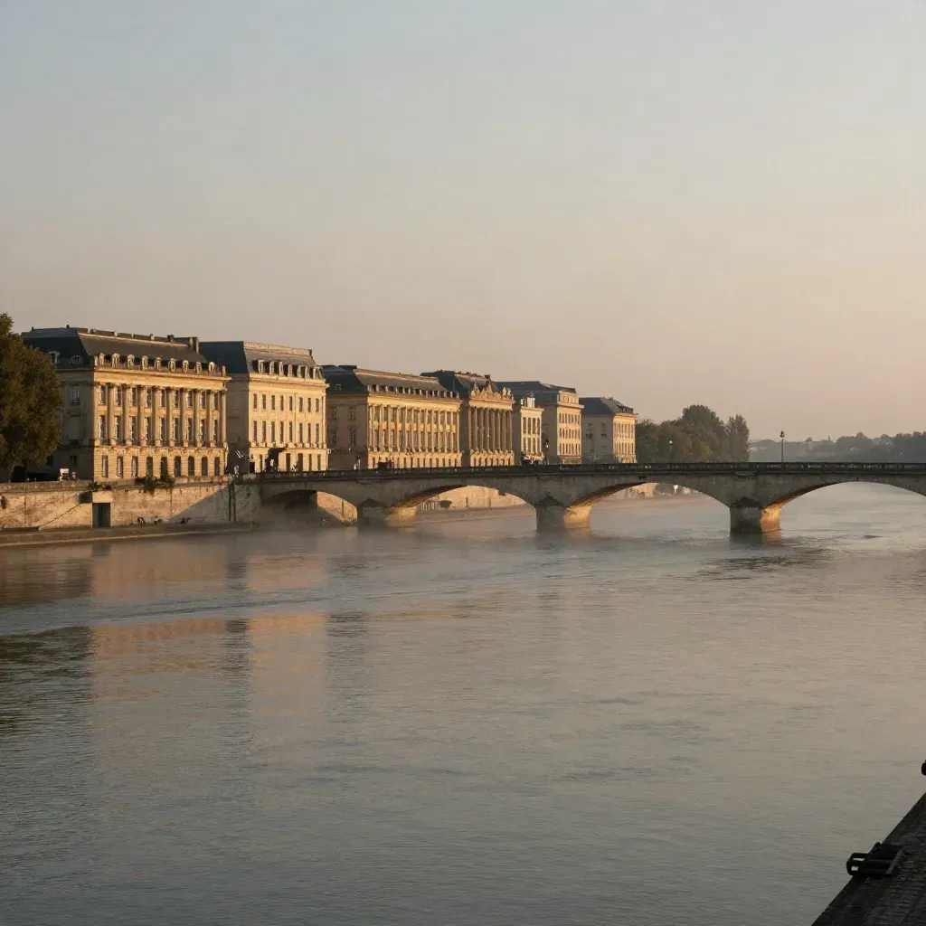Quais de Bordeaux dans la brume du soir, Garonne calme et façades blondes