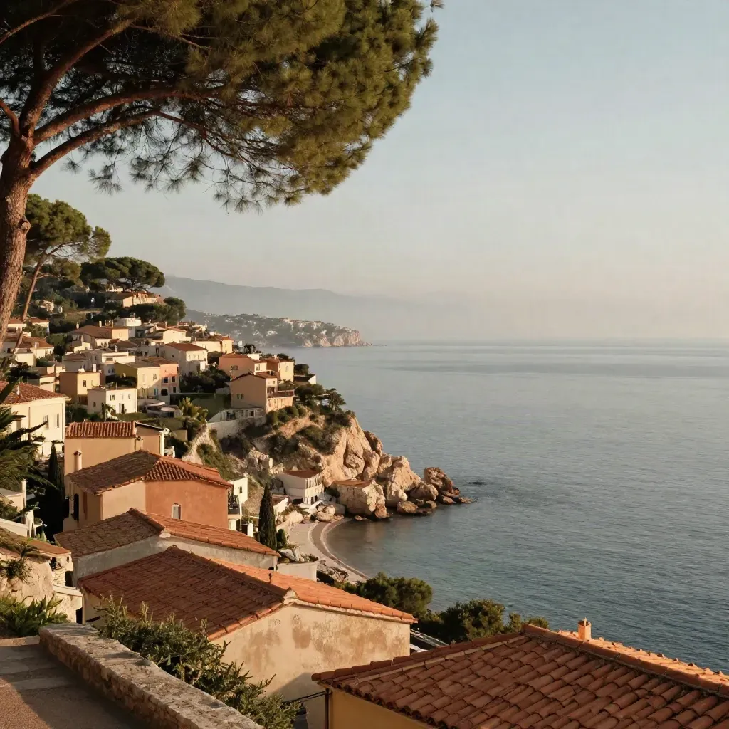 Côte d’Azur lumineuse, collines ocre, toits terracotta et mer calme sous une légère brume.